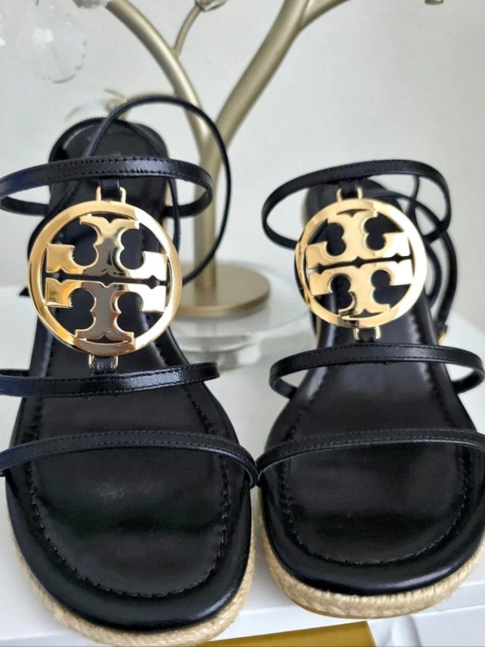 New Tory Burch Capri Miller Wedge Sandals Black & Cream